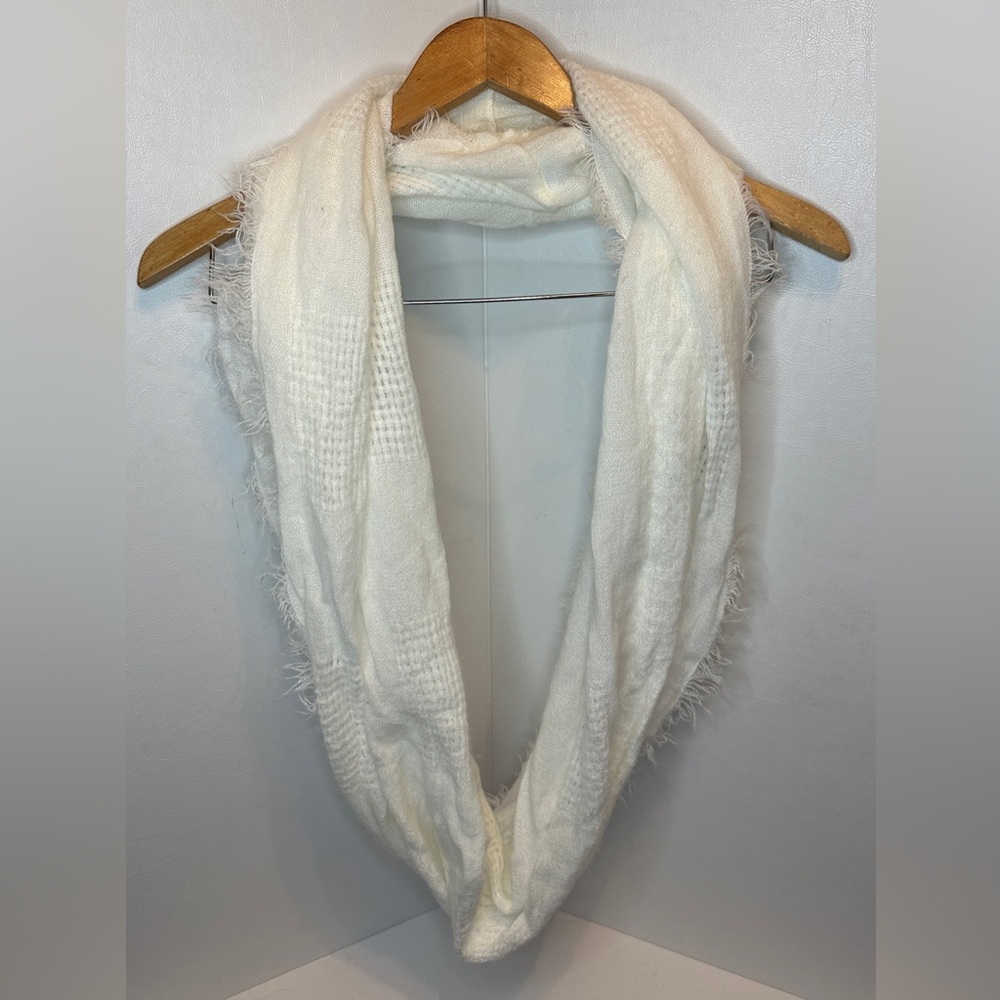 Off White Lightweight Gauzy Textured Infinity Scarf With Frayed Fringe Edge
